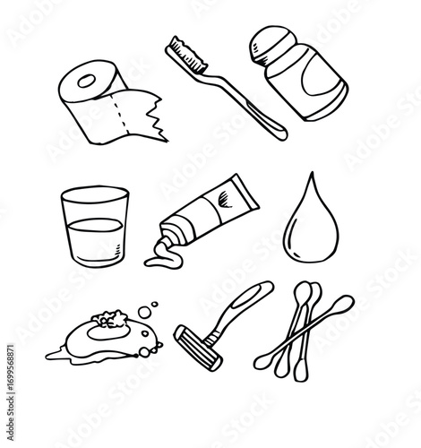 set of bathroom equipment hand drawn sketch