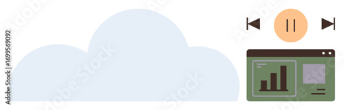 Cloud icon beside analytics dashboard with bar graph and media playback controls. Ideal for cloud computing, data analytics, streaming, media controls, interactive technology, digital tools, simple