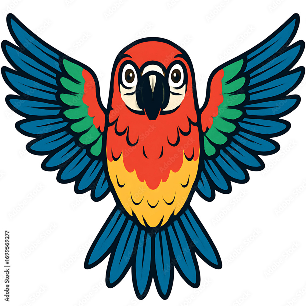Obraz premium Vibrant cartoon macaw parrot with colorful feathers and spread wings. A cheerful exotic bird illustration isolated on a white background for a tropical design concept