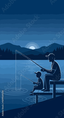Father and Son Fishing on Dock at Dusk with Mountains and Moonlit Sky