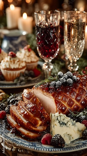 A beautifully arranged festive table featuring sliced ham, gourmet cheese, red wine, and desserts. The setting includes elegant glassware and candlelight, perfect for a holiday celebration.