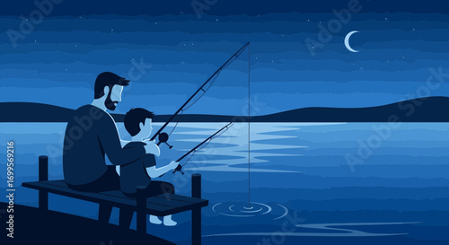 Father and Son Fishing at Night on a Wooden Dock Under a Crescent Moon