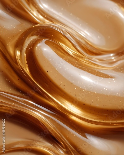 An abstract close-up of swirling golden caramel texture with shimmering highlights, showcasing a glossy and luxurious surface, ideal for modern design and elegant backgrounds.
