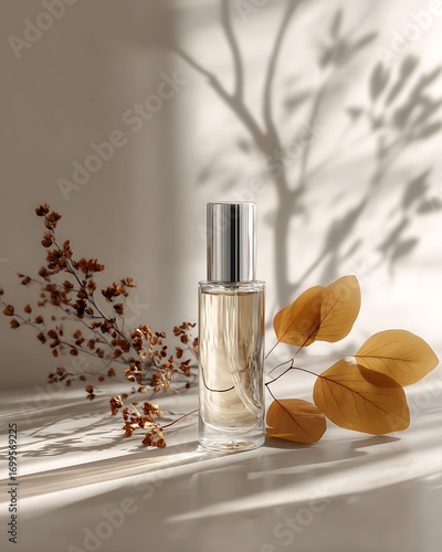 A sophisticated still life composition featuring a glass perfume bottle elegantly placed among autumn leaves with artistic shadows highlighting its graceful design, capturing a sense of luxury and nat
