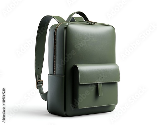 Image of a sleek green leather backpack with a front pocket, presented against a white background. Suitable for fashion and accessories use.