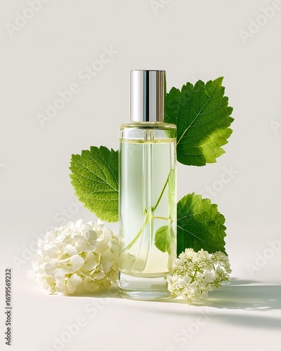 An elegant perfume bottle is showcased alongside white flowers and almonds on a marble surface, creating a fresh and natural beauty aesthetic.