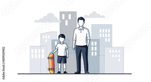 Father and Son with Skateboard Standing in Front of City Buildings Silhouette
