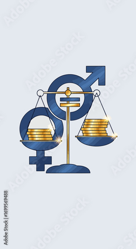 Gender Pay Gap Concept: Coins Balanced on Scales with Male and Female Symbols