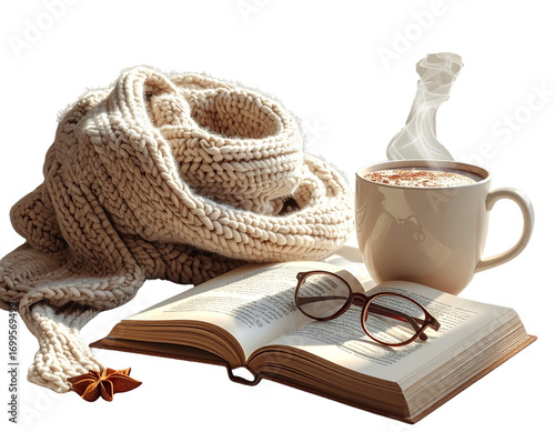 Cozy Knitted Wool Scarf with Hot Cocoa and Open Book Isolated on Transparent Background PNG