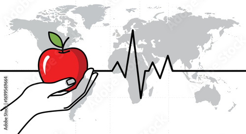 Global Health and Wellness: Hand Offers Apple Against World Map and Heartbeat Line