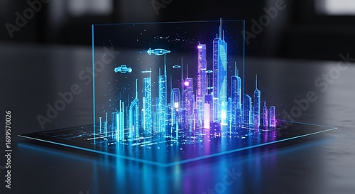 Futuristic city hologram projection with advanced digital skyline