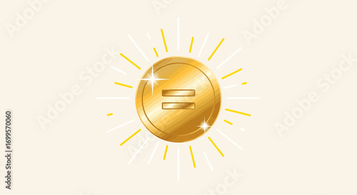Golden Coin with Equality Symbol Radiating Light, Symbolizing Value and Fairness