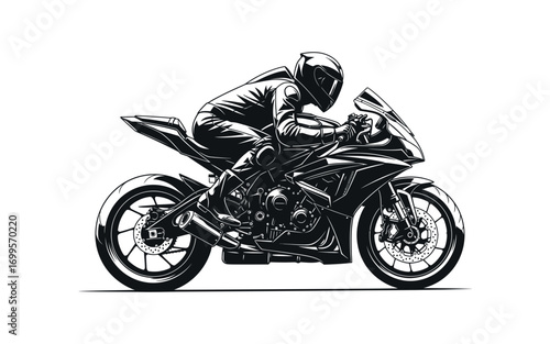 Illustration of a motorcyclist wearing a helmet riding a black sport motorcycle on a white background