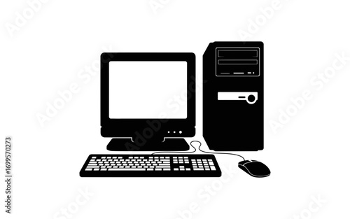 Illustration of a desktop computer setup with monitor keyboard mouse and tower in black and white design