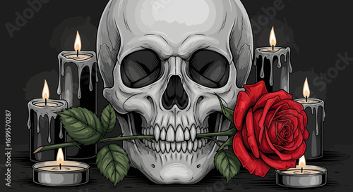 Gothic Skull with Red Rose and Candles, Dark Halloween Aesthetic, Symbol of Death and Romance