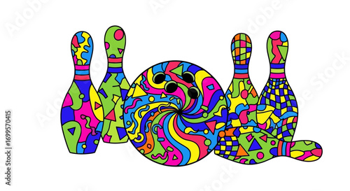 Psychedelic Bowling Pins and Ball Illustration with Abstract Patterns and Vibrant Colors