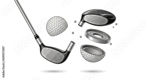 Detailed exploded view illustration of modern golf club components and a golf ball, showcasing the intricate design and engineering behind high-performance sports equipment