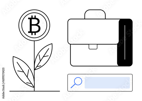 Bitcoin plant symbolizing growth, minimal briefcase representing business, search bar for navigation. Ideal for finance, business strategy, cryptocurrency, digital investment, fintech, online tools