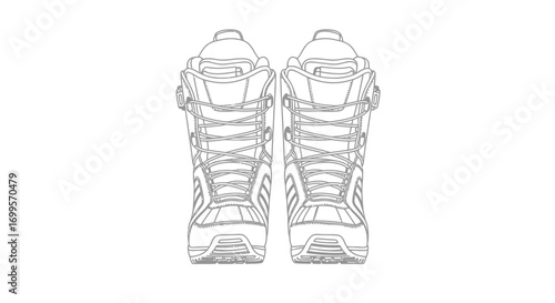 Black and white line art illustration of a pair of snowboarding boots