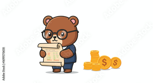 A cartoon bear in glasses and a suit reads a scroll next to coins