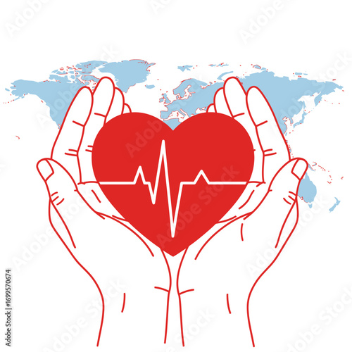 Hands holding a red heart with electrocardiogram and world map background