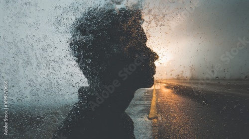 Sad Man Silhouette with Double Exposure Effect on Wet Glass During Rainy Day at Dusk
