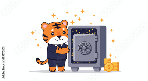A cartoon tiger in a suit stands next to a safe with coins