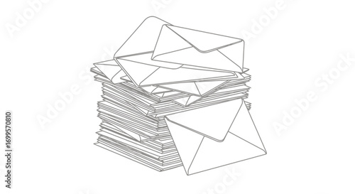 Minimalist black and white line art illustration featuring a large, neatly stacked pile of assorted envelopes, symbolizing traditional mail and communication