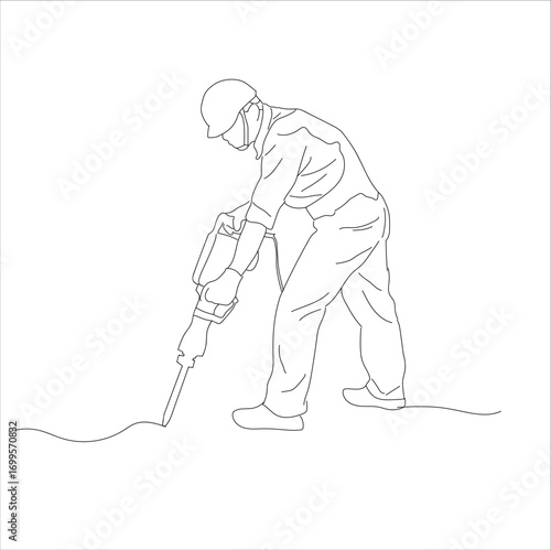 men drilling. Highway maintenance worker working with drilling machine, 