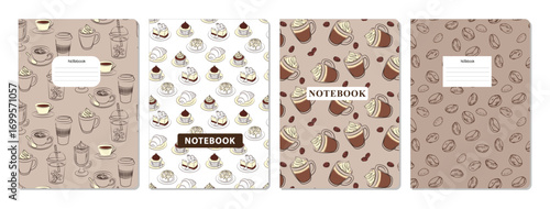 Set of four notebook covers with coffee and dessert-themed designs featuring cups, beans, and pastries. Vector illustration ideal for creative and culinary enthusiasts.