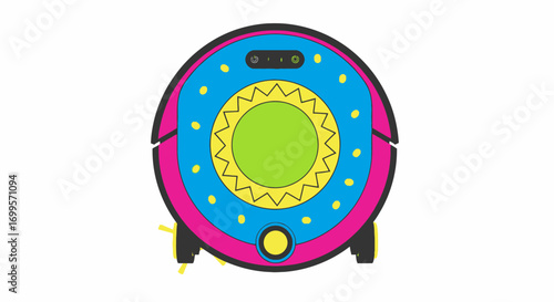 Colorful robotic vacuum cleaner illustration featuring smart home technology for automated floor cleaning. A futuristic and efficient domestic appliance concept