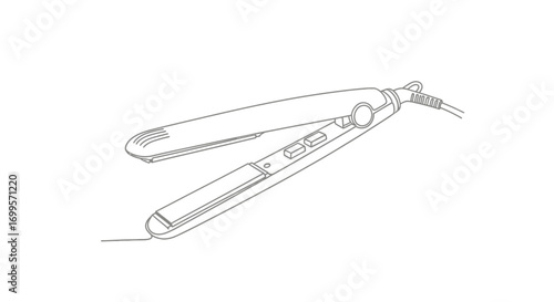 Monochrome line art drawing of a hair straightener. An isolated vector sketch illustration of a flat iron, a professional hairstyling tool for beauty and personal care