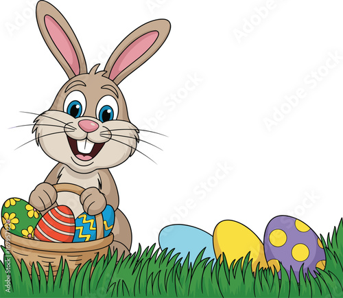 Cute Easter bunny holding basket of colorful decorated eggs, spring holiday celebration, festive rabbit illustration, happy Easter design clipart, cartoon