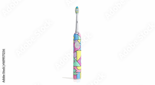 A stylish electric toothbrush with a colorful pastel geometric pattern on its handle, isolated on a white background for dental care concepts