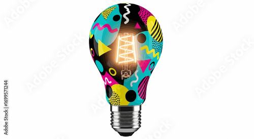 Creative concept of a bright idea illustrated by a glowing light bulb decorated in a colorful retro geometric pattern on a white background
