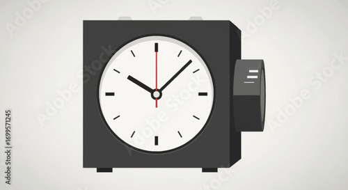 Sleek black alarm clock illustration on a minimalist grey background, perfect for conveying concepts of time management, morning routines, punctuality, and meeting important deadlines with precision