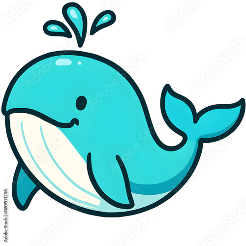 A cute cartoon whale with a happy smile spouting water from its blowhole. Cheerful blue sea mammal character illustration