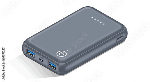 Sleek and modern portable power bank illustration in an isometric view, featuring multiple USB ports and LED charge indicators for mobile device charging