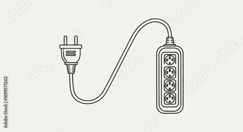 Minimalist line art illustration of a power strip extension cord with multiple sockets for distributing electricity and connecting electronic devices