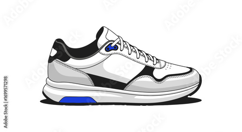 Side profile of a trendy athletic sneaker with blue details. Modern vector illustration of a stylish sports shoe, isolated on a white background for fashion and active lifestyle concepts