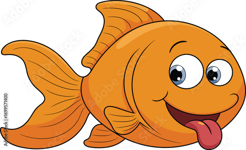Cute funny cartoon goldfish with big eyes, happy smiling orange fish character, playful aquatic animal illustration, sea life clipart design
