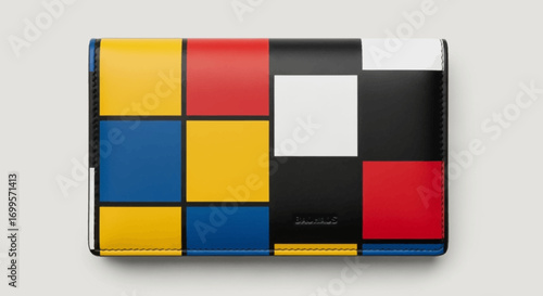 Chic and compact wallet showcasing a geometric pattern of colorful squares and rectangles in a modern, artistic style