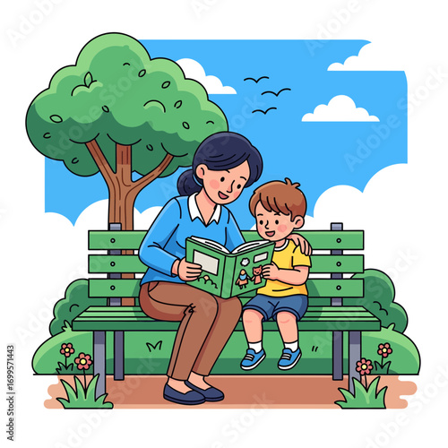 Happy mother and son reading a book together on a park bench, enjoying quality time