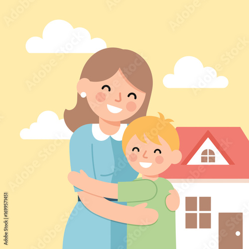 Happy Mother Embracing Her Smiling Son in Front of a Cozy Home with Clouds in the Sky