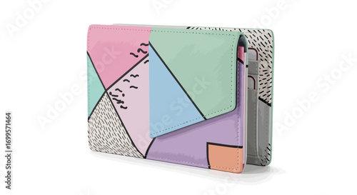 Stylish women's clutch purse with a vibrant geometric pastel color block pattern. Fashionable retro 80s style accessory isolated on a white background