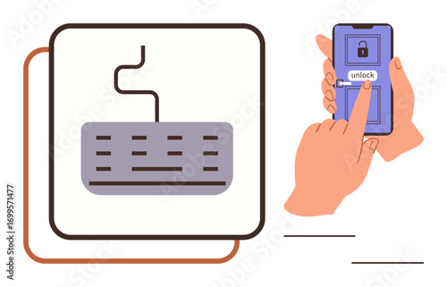 Wallpaper Mural Hand pressing unlock button on smartphone screen beside keyboard icon emphasizing cybersecurity. Ideal for data privacy, internet access, identity verification, technology integration, digital Torontodigital.ca