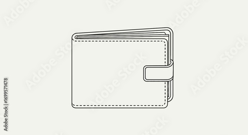 Simple outline illustration of a classic bifold wallet with a closure strap. Minimalist line art icon for finance, money, and payment concepts