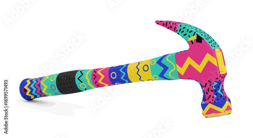 Colorful hammer with vibrant pop art and abstract geometric patterns, symbolizing creative DIY, construction, and unique design concepts