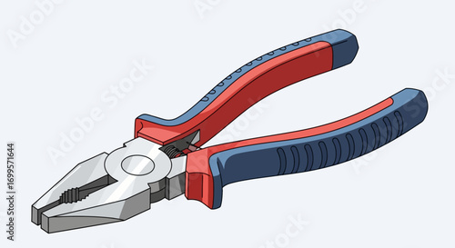 Professional vector art of a combination plier with red and blue comfort grip handles, an essential tool for repair, maintenance, and workshop tasks