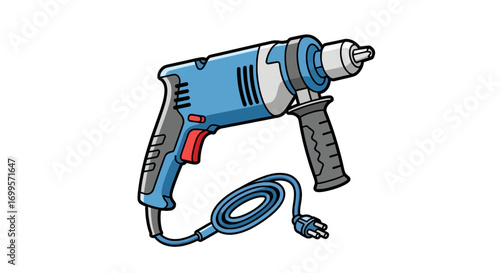 Hand-drawn cartoon illustration of a blue corded electric power drill for construction and home improvement projects